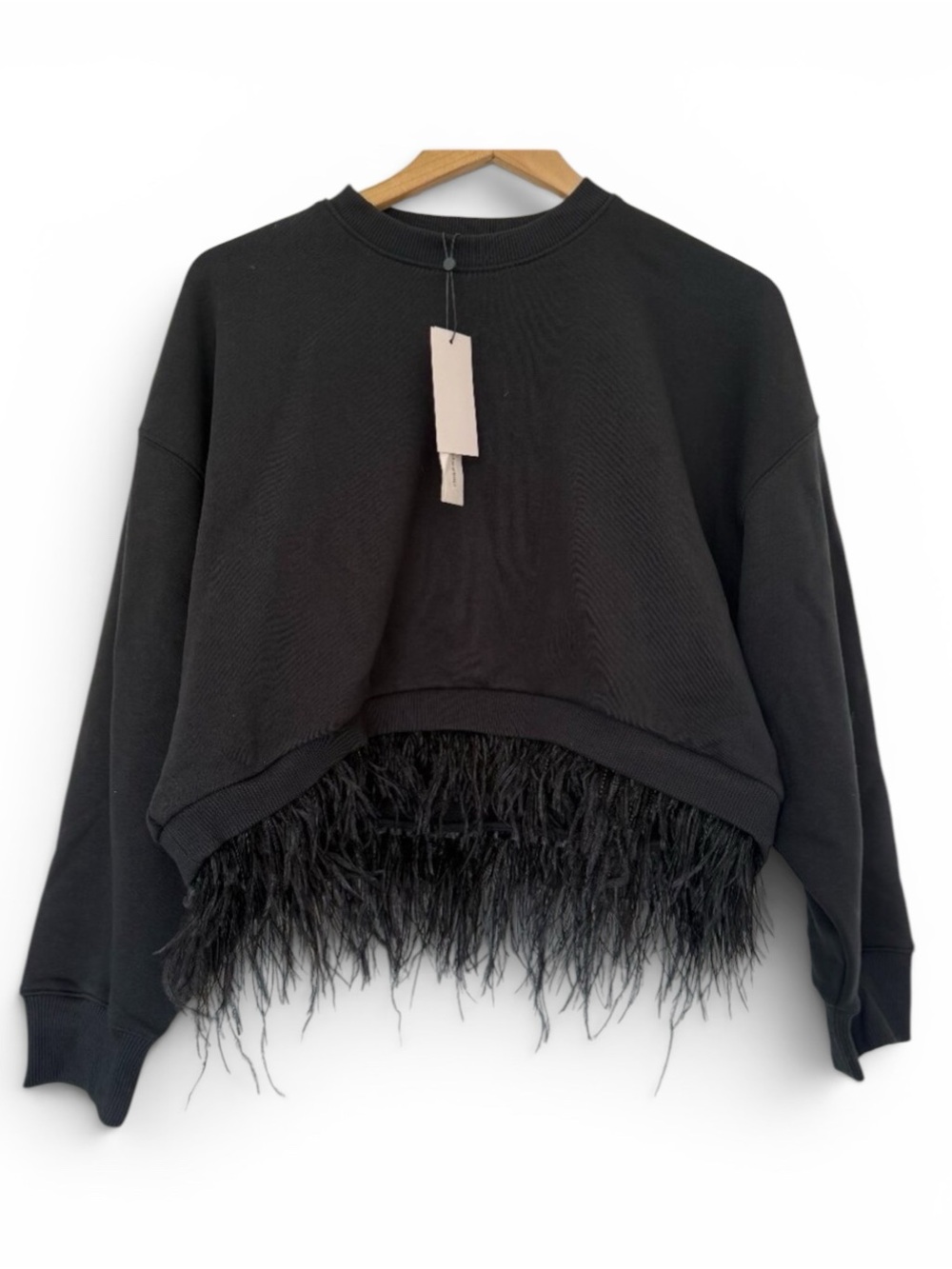 Cinq a Sept Albertine Black Sweatshirt with feather hem detail Size Medium - Picture 3 of 7